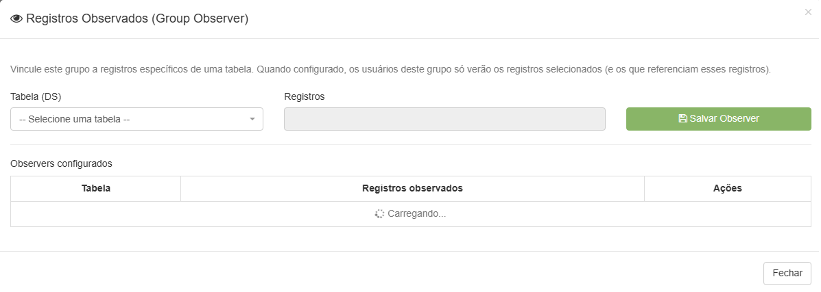Modal de configuração do Group Observer