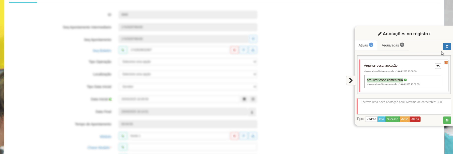 Processo de arquivamento de uma anotação via botão e modal de confirmação