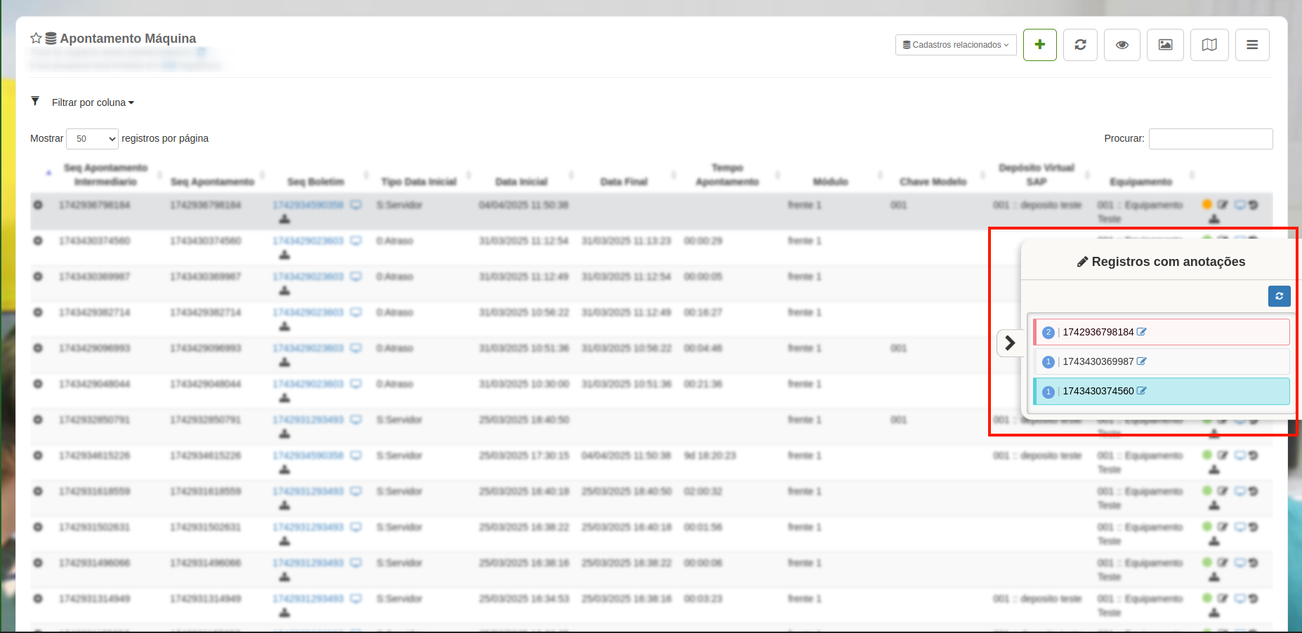 Visualização dos registros com anotações e destaque por cor de prioridade