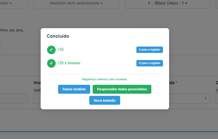 Tela de sucesso ao salvar